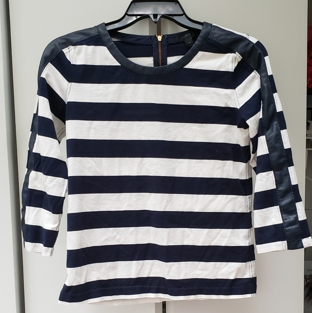 J Crew Striped 3/4 Top with Faux Leather edging